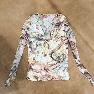 Elegant Marble Print V-Neck Blouse